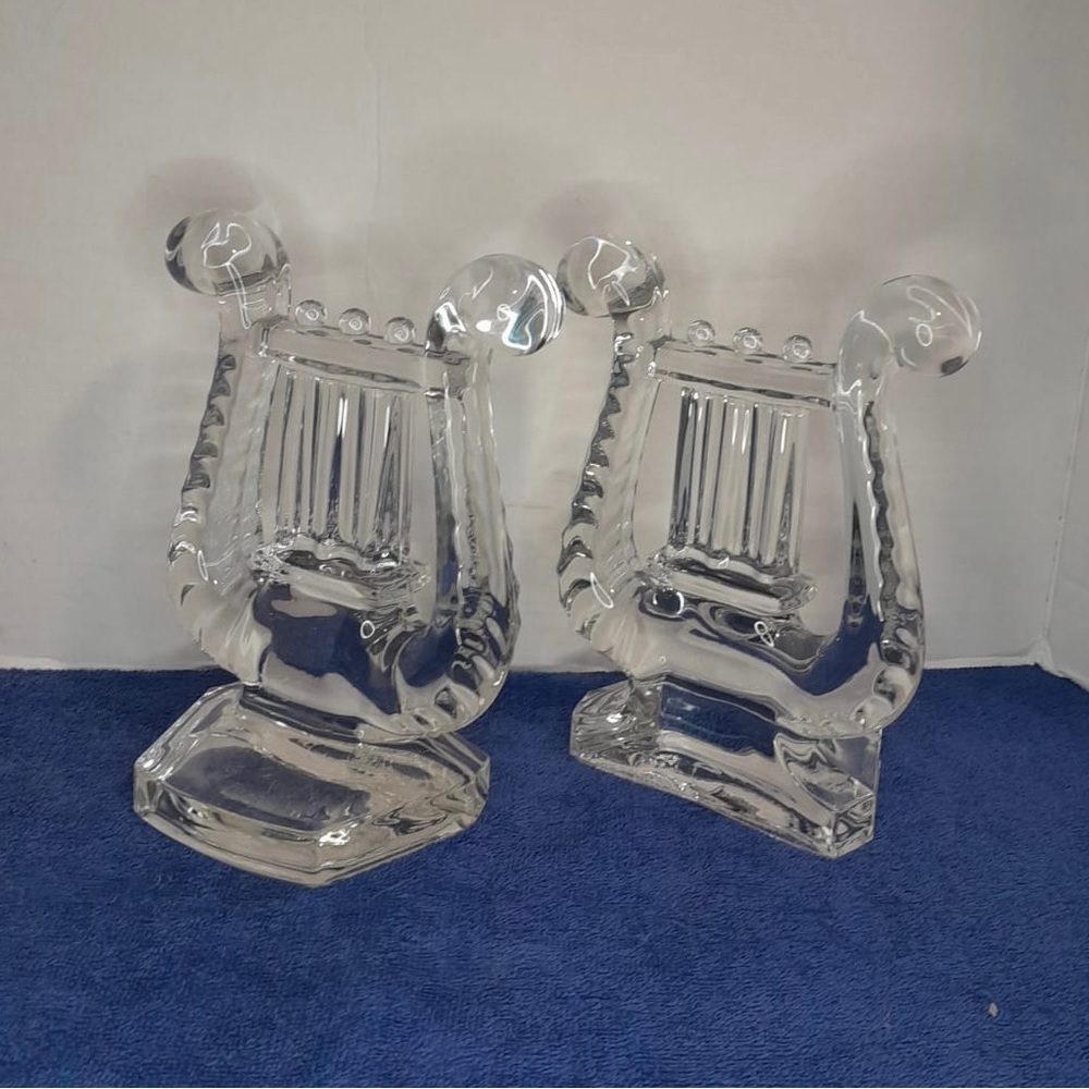 Pair Mid-Century Fostoria Harp Lyre Heavy Clear Glass Bookends Music Decor Gift